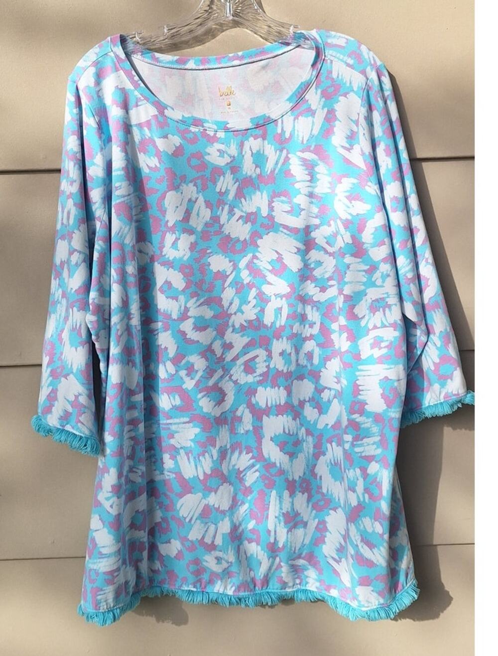 Belle Kim Graver Fringe 3/4 Sleeves Tunic Top Turquoise White Cotton Modal 2X